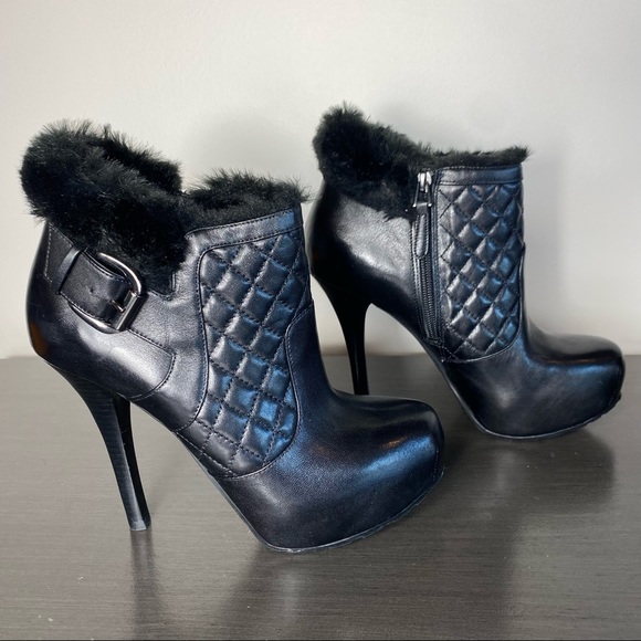 Guess Shoes - GUESS Black Platform Stiletto Faux Fur Trimmed Booties, Very Sexy!